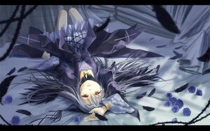 Rating: Safe Score: 0 Tags: 1girl black_feathers blue_flower blue_rose dress feathers flower from_above image letterboxed long_hair lying on_back red_eyes rose silver_hair solo suigintou wings User: admin