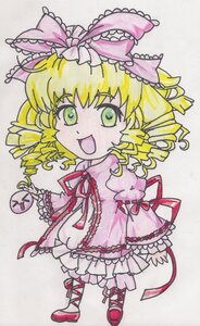 Rating: Safe Score: 0 Tags: 1girl blonde_hair bloomers bow dress drill_hair frills full_body green_eyes hair_bow hina_ichigo hinaichigo image long_sleeves looking_at_viewer open_mouth pink_bow ribbon short_hair smile solo traditional_media User: admin