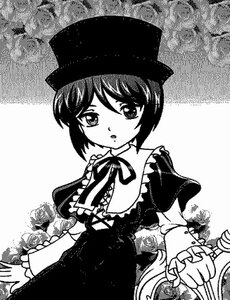 Rating: Safe Score: 0 Tags: 1girl blush dress flower frills greyscale hat image long_sleeves looking_at_viewer monochrome ribbon short_hair solo souseiseki User: admin