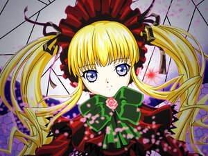 Rating: Safe Score: 0 Tags: 1girl blonde_hair blue_eyes bow bowtie dress flower green_bow image long_hair looking_at_viewer ribbon rose shinku sidelocks solo twintails User: admin