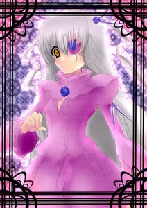 Rating: Safe Score: 0 Tags: 1girl barasuishou card_(medium) chain-link_fence dress eyepatch fence frills image long_hair long_sleeves looking_at_viewer pink_dress silver_hair solo stained_glass yellow_eyes User: admin