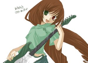 Rating: Safe Score: 0 Tags: 1girl :d brown_hair green_dress green_eyes guitar heterochromia image instrument long_hair looking_at_viewer open_mouth red_eyes short_sleeves simple_background smile solo suiseiseki very_long_hair white_background User: admin