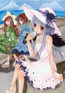 Rating: Safe Score: 0 Tags: ^_^ brown_hair closed_eyes cloud day dress eating food hat ice_cream image long_hair looking_at_viewer multiple multiple_girls outdoors red_eyes sandals silver_hair sitting sky smile sun_hat tagme traditional_media watercolor_(medium) wings User: admin