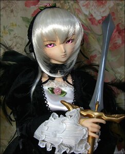 Rating: Safe Score: 0 Tags: 1girl doll dress flower frilled_sleeves frills hairband long_hair long_sleeves looking_at_viewer pink_eyes purple_eyes rose silver_hair solo suigintou sword weapon User: admin