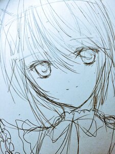 Rating: Safe Score: 0 Tags: 1girl bangs blue_theme eyebrows_visible_through_hair hariruri image looking_at_viewer monochrome short_hair sketch solo souseiseki traditional_media User: admin