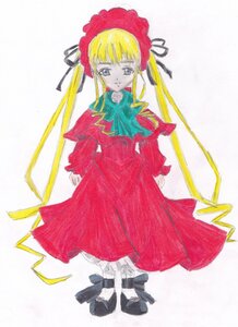 Rating: Safe Score: 0 Tags: 1girl black_footwear blonde_hair blue_eyes bonnet bow bowtie dress full_body green_bow image long_hair long_sleeves looking_at_viewer marker_(medium) red_dress shinku shoes simple_background solo standing traditional_media twintails white_background User: admin