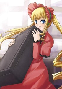 Rating: Safe Score: 0 Tags: 1girl blonde_hair blue_eyes blush bonnet dress image long_hair long_sleeves looking_at_viewer open_mouth red_dress shinku solo twintails User: admin