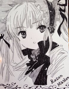 Rating: Safe Score: 0 Tags: 1girl blush greyscale hair_ribbon image long_hair looking_at_viewer monochrome ribbon shinku solo traditional_media twintails User: admin