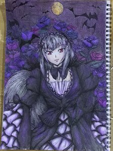 Rating: Safe Score: 0 Tags: 1girl dress flower frills full_moon long_hair moon red_eyes solo suigintou traditional_media User: admin