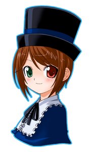 Rating: Safe Score: 0 Tags: 1girl black_ribbon blush brown_hair eyebrows_visible_through_hair green_eyes hat heterochromia image looking_at_viewer red_eyes ribbon short_hair simple_background smile solo souseiseki top_hat upper_body white_background User: admin