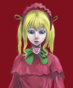 Rating: Safe Score: 0 Tags: 1girl blonde_hair blue_eyes bowtie capelet flower green_bow image lips long_hair looking_at_viewer red_background red_dress rose shinku simple_background solo upper_body User: admin