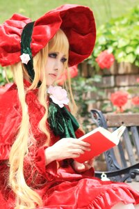 Rating: Safe Score: 0 Tags: 1girl blonde_hair blue_eyes blurry blurry_background bonnet bow depth_of_field dress flower long_hair long_sleeves photo realistic red_dress rose shinku sitting solo User: admin