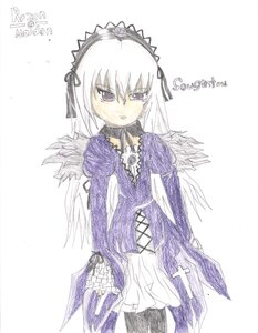 Rating: Safe Score: 0 Tags: 1girl cowboy_shot detached_collar dress frills hairband image long_hair long_sleeves looking_at_viewer ribbon simple_background solo standing suigintou white_background wings User: admin