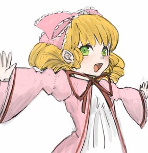 Rating: Safe Score: 0 Tags: 1girl bad_id bad_pixiv_id blonde_hair bow dress drill_hair green_eyes hair_ribbon hina_ichigo hinaichigo image long_sleeves mksm open_mouth pink_bow pink_dress ribbon rozen_maiden simple_background solo upper_body white_background User: admin