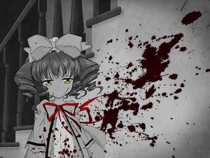 Rating: Safe Score: 0 Tags: 1girl blood blood_on_face blood_splatter bloody_clothes bow dress drill_hair green_eyes hair_bow hinaichigo image ribbon short_hair solo spot_color User: admin
