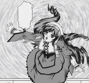 Rating: Safe Score: 0 Tags: 1girl blush dress drill_hair frills greyscale image long_hair long_sleeves monochrome open_mouth outstretched_arms solo suiseiseki very_long_hair User: admin