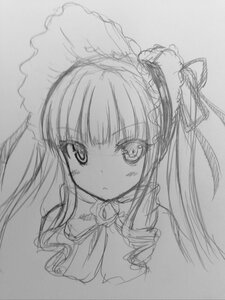 Rating: Safe Score: 0 Tags: 1girl bangs blush bow eyebrows_visible_through_hair greyscale image long_hair looking_at_viewer monochrome portrait shinku sidelocks simple_background sketch solo traditional_media User: admin