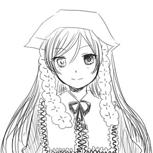 Rating: Safe Score: 0 Tags: 1girl bangs blush braid closed_mouth dress eyebrows_visible_through_hair greyscale image long_hair looking_at_viewer monochrome neck_ribbon ribbon simple_background smile solo suiseiseki twin_braids white_background User: admin