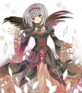 Rating: Safe Score: 0 Tags: 1girl black_wings dress frilled_sleeves frills hairband image long_hair long_sleeves looking_at_viewer silver_hair smile solo suigintou white_background wings User: admin