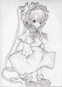 Rating: Safe Score: 0 Tags: 1girl bow bowtie capelet dress drill_hair full_body greyscale image long_hair long_sleeves looking_at_viewer monochrome shinku shoes solo standing traditional_media User: admin