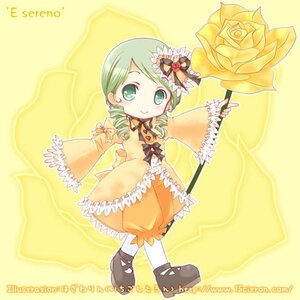Rating: Safe Score: 0 Tags: 1girl bow dress drill_hair flower frills full_body green_eyes green_hair holding image kanaria long_sleeves pantyhose rose shoes smile solo standing twin_drills watermark web_address white_legwear yellow_background User: admin