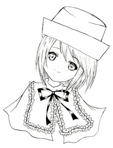 Rating: Safe Score: 0 Tags: 1girl blush capelet closed_mouth eyebrows_visible_through_hair greyscale hat image looking_at_viewer monochrome neck_ribbon ribbon short_hair simple_background smile solo souseiseki white_background User: admin