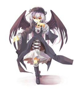 Rating: Safe Score: 0 Tags: 1girl black_wings boots detached_collar dress feathered_wings frills full_body hairband image long_hair long_sleeves looking_at_viewer ribbon rose silver_hair simple_background solo suigintou white_background wings User: admin