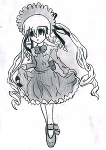 Rating: Safe Score: 0 Tags: 1girl bonnet bow bowtie dress drill_hair full_body greyscale hat image long_hair long_sleeves looking_at_viewer monochrome shinku shoes simple_background solo standing twin_drills twintails very_long_hair white_background User: admin