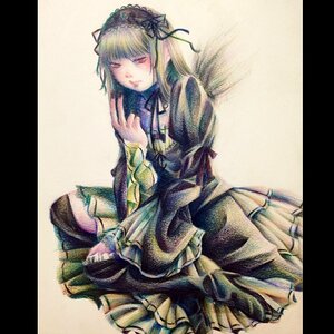 Rating: Safe Score: 0 Tags: 1girl blonde_hair colored_pencil_(medium) dress frills hairband image letterboxed long_hair long_sleeves pillarboxed red_eyes ribbon sitting solo suigintou traditional_media User: admin