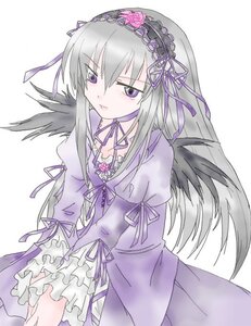 Rating: Safe Score: 0 Tags: 1girl black_wings dress flower frills hairband image long_hair long_sleeves looking_at_viewer puffy_sleeves purple_eyes ribbon silver_hair simple_background solo suigintou white_background wings User: admin