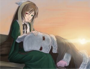 Rating: Safe Score: 0 Tags: 1girl brown_hair dress frills green_dress green_eyes heterochromia holding image long_hair long_sleeves red_eyes sitting solo suiseiseki very_long_hair User: admin