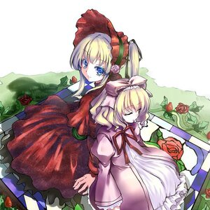 Rating: Safe Score: 0 Tags: 2girls blonde_hair blue_eyes bonnet bow closed_eyes dress flower food fruit hinaichigo image long_hair long_sleeves multiple_girls pair pink_rose red_dress red_flower red_rose rose shinku sleeping User: admin