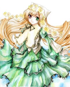 Rating: Safe Score: 0 Tags: 1girl blonde_hair dress flower frills green_dress green_eyes heterochromia image long_hair long_sleeves looking_at_viewer red_eyes solo suiseiseki traditional_media very_long_hair watercolor_(medium) User: admin