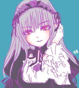 Rating: Safe Score: 0 Tags: 1girl blue_background dress flower frills hairband image long_hair long_sleeves looking_at_viewer pink_eyes ribbon rose simple_background solo suigintou User: admin