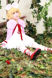 Rating: Safe Score: 0 Tags: 1girl bird blonde_hair blue_eyes dress flower grass hinaichigo lips ribbon shoes short_hair sitting solo User: admin