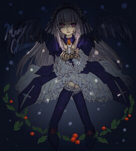 Rating: Safe Score: 0 Tags: 1girl black_wings dress feathered_wings flower frills hairband image long_hair long_sleeves looking_at_viewer pink_eyes rose silver_hair solo suigintou wings User: admin