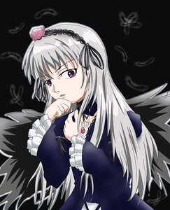 Rating: Safe Score: 0 Tags: 1girl black_feathers black_wings bug butterfly dress feathers flower frills hairband image insect long_hair long_sleeves ribbon silver_hair simple_background solo suigintou wings User: admin
