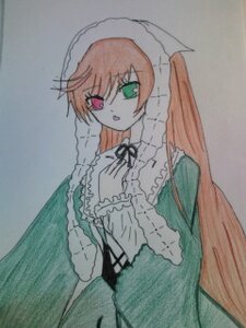 Rating: Safe Score: 0 Tags: 1girl black_ribbon dress frills green_dress green_eyes heterochromia image long_hair long_sleeves looking_at_viewer open_mouth red_eyes ribbon simple_background solo suiseiseki traditional_media very_long_hair User: admin