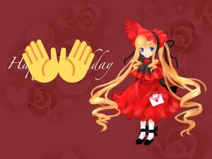 Rating: Safe Score: 0 Tags: 1girl blonde_hair blue_eyes bonnet bow dress flower image long_hair long_sleeves pantyhose red_capelet red_dress red_flower red_rose rose shinku shoes smile solo twintails very_long_hair User: admin