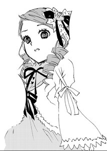 Rating: Safe Score: 0 Tags: 1girl blush dress drill_hair greyscale hair_ornament image kanaria long_sleeves looking_at_viewer monochrome neck_ribbon ribbon simple_background sleeves_past_wrists solo twin_drills white_background User: admin