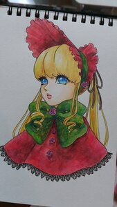 Rating: Safe Score: 0 Tags: 1girl bangs blonde_hair blue_eyes bonnet bow bowtie capelet dress flower green_bow image long_hair looking_at_viewer marker_(medium) photo red_dress rose shinku sidelocks simple_background solo traditional_media twintails white_background User: admin