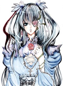 Rating: Safe Score: 0 Tags: 1girl barasuishou blue_eyes dress eyepatch flower hair_ornament image jewelry long_hair pink_rose red_flower red_rose ribbon rose silver_hair solo traditional_media twintails upper_body User: admin