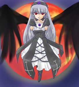 Rating: Safe Score: 0 Tags: 1girl black_wings dress flower frills full_moon hairband image long_hair long_sleeves looking_at_viewer moon red_eyes silver_hair solo suigintou wings User: admin