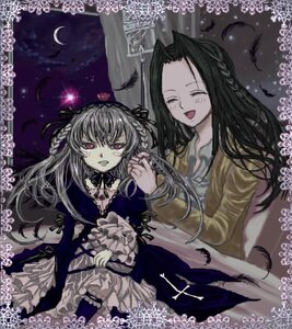 Rating: Safe Score: 0 Tags: 2girls black_wings closed_eyes crescent_moon dress feathers flower hairband holding_hands image kakizaki_megu long_hair long_sleeves moon multiple_girls pink_eyes rose smile solo suigintou wings User: admin