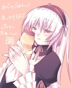 Rating: Safe Score: 0 Tags: 1girl bangs black_dress blush bottle cup dress eyebrows_visible_through_hair frills hairband holding image juliet_sleeves long_hair long_sleeves looking_at_viewer pink_background puffy_sleeves red_eyes simple_background smile solo suigintou upper_body User: admin