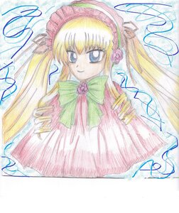 Rating: Safe Score: 0 Tags: 1girl blonde_hair blue_eyes bonnet bow bowtie dress drill_hair flower green_bow green_neckwear image long_hair long_sleeves looking_at_viewer marker_(medium) shinku simple_background smile solo traditional_media twin_drills twintails upper_body User: admin