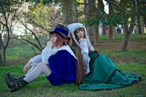 Rating: Safe Score: 0 Tags: 2girls black_footwear boots brown_hair day dress grass hat high_heels long_hair long_sleeves multiple_cosplay multiple_girls outdoors sitting tagme tree User: admin