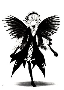 Rating: Safe Score: 0 Tags: 1girl black_wings dress feathered_wings frills full_body greyscale hairband image long_hair long_sleeves looking_at_viewer monochrome simple_background solo standing suigintou white_background wings User: admin