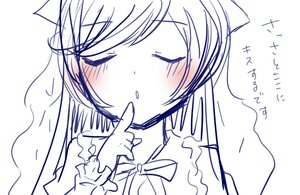 Rating: Safe Score: 0 Tags: 1girl bangs blush closed_eyes dress eyebrows_visible_through_hair image index_finger_raised long_sleeves monochrome parted_lips ribbon simple_background sketch solo suiseiseki white_background User: admin