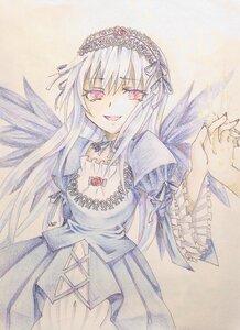 Rating: Safe Score: 3 Tags: 1girl black_wings detached_collar dress flower frills hairband image long_hair long_sleeves looking_at_viewer open_mouth pink_eyes rose smile solo suigintou traditional_media watercolor_(medium) wings User: admin